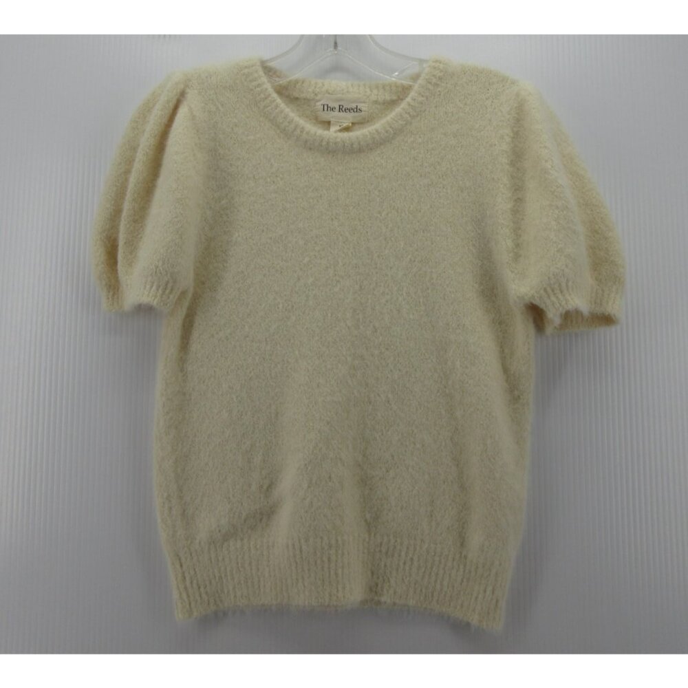 The Reeds Sweater XS Cream Fuzzy Eyelash Pullover Crop Puff Sleeve